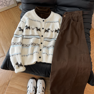 复古少女感！软糯小狗提花针织开衫女半高领打底t恤牛仔长裤套装
