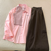 女条纹小背心高腰显瘦牛仔长裤 粉色衬衫 松弛感穿搭套装 奶甜暴击