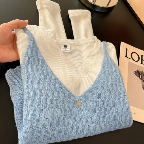 韩系早秋穿搭！V领吊带马甲背心女秋冬叠穿针织衫气质减龄两件套