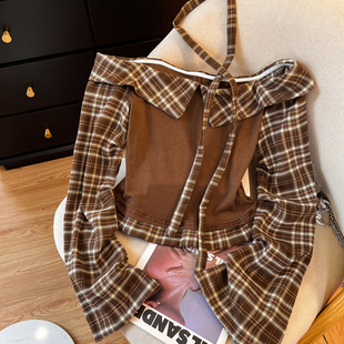 格纹拼接t恤女飘带韩系漂亮早秋小上衣 复古一字肩长袖 美式 甜豆