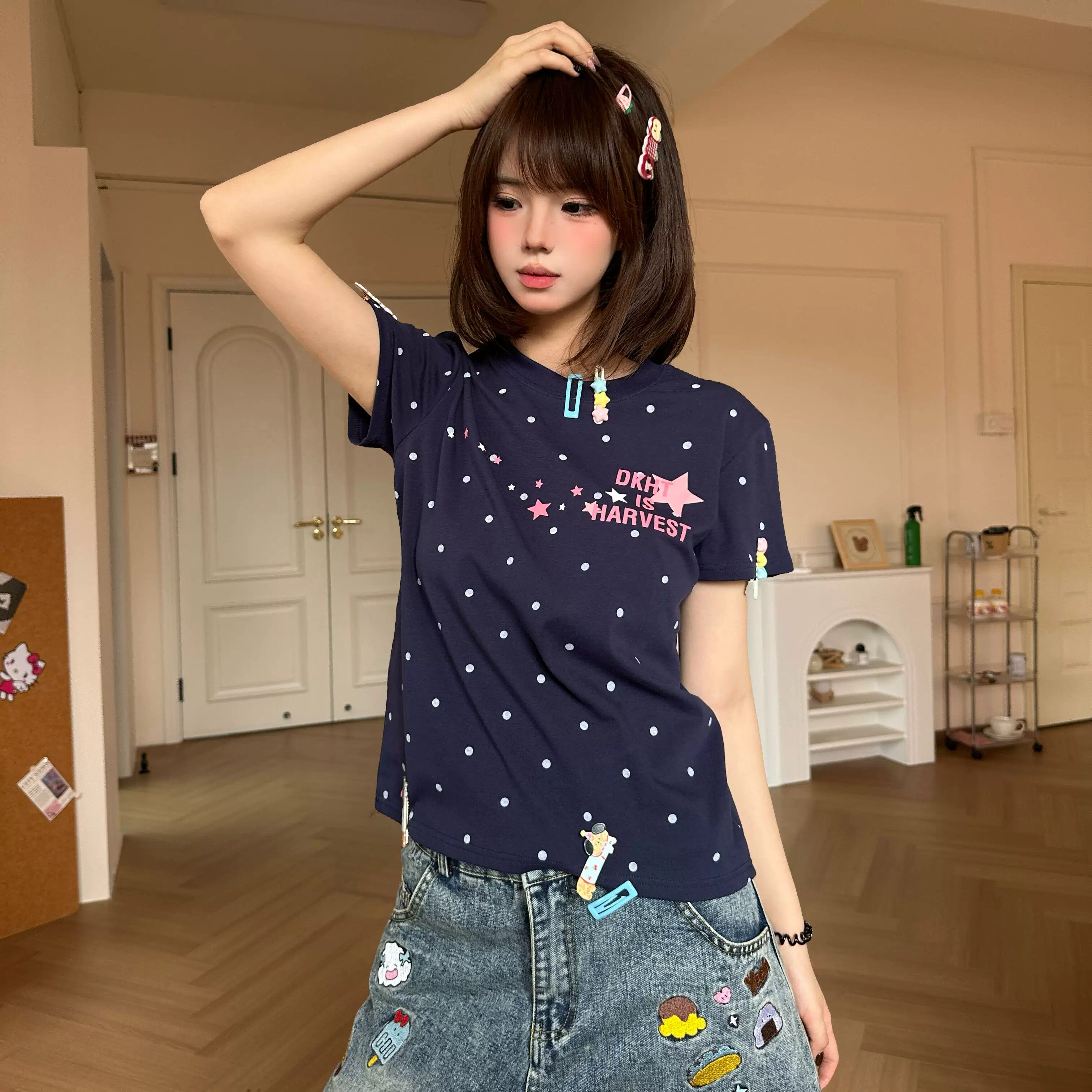 韩系复古波点短款显瘦T恤女夏图片
