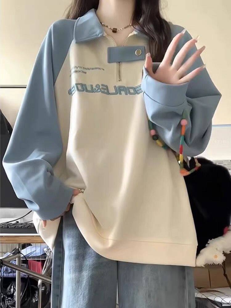 美式复古半拉链插肩袖卫衣女春秋宽松慵懒风POLO领上衣潮牌薄外套