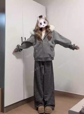 韩系独特超好看套装秋冬加绒毛领外套条纹阔腿裤女宽松穿搭一整套