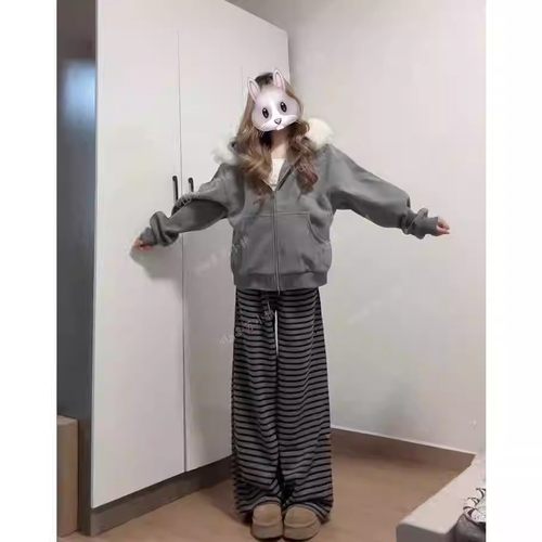 韩系独特超好看套装秋冬加绒毛领外套条纹阔腿裤女宽松穿搭一整套