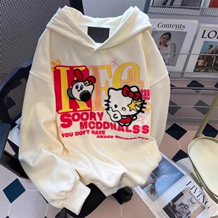 日系卡通kitty猫耳朵连帽卫衣女秋冬宽松加绒加厚初中高中生外套