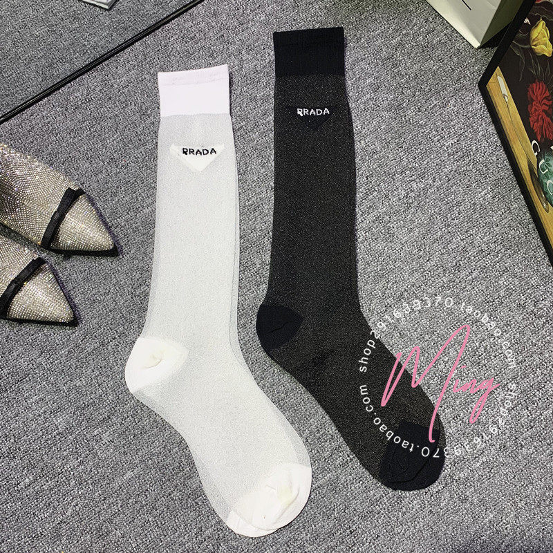 网纱中长筒及膝潮袜网红小白蛇蛇款P家侧三角字母透视亮丝黑白色