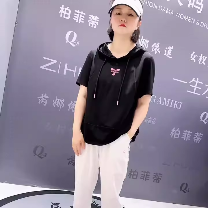 天骄一生水6058夏款纯色连帽T恤加大码女装胖妹妹宽松显瘦短袖衫