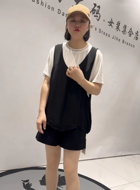 25208天骄一生水夏季新款欧货短袖加大码女装胖妹妹显瘦假两件衫