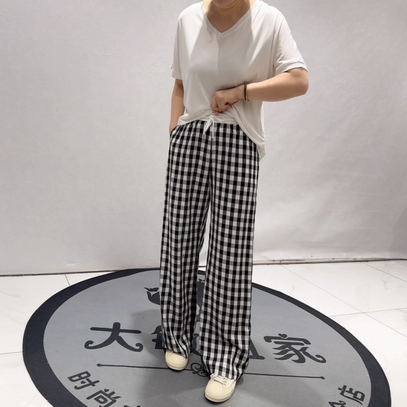 2227蓝鲸之吻夏季新款欧货格子女裤加大码女装胖妹妹宽松显瘦长裤
