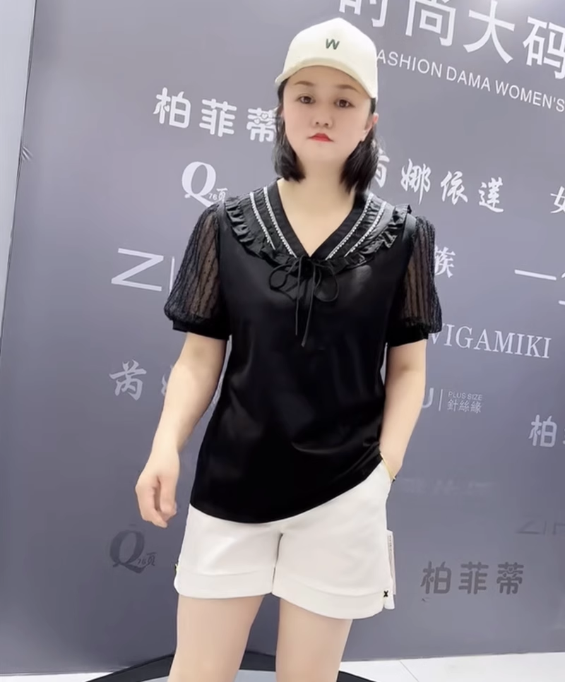 2024夏季新款女权贵族3076女人味短袖胖妹妹减龄显瘦大码衫上衣女