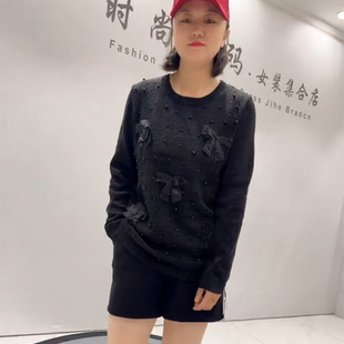 新款 加大码 针丝缘子汇6850秋季 针织衫 女装 减龄显瘦重工可爱圆领衫
