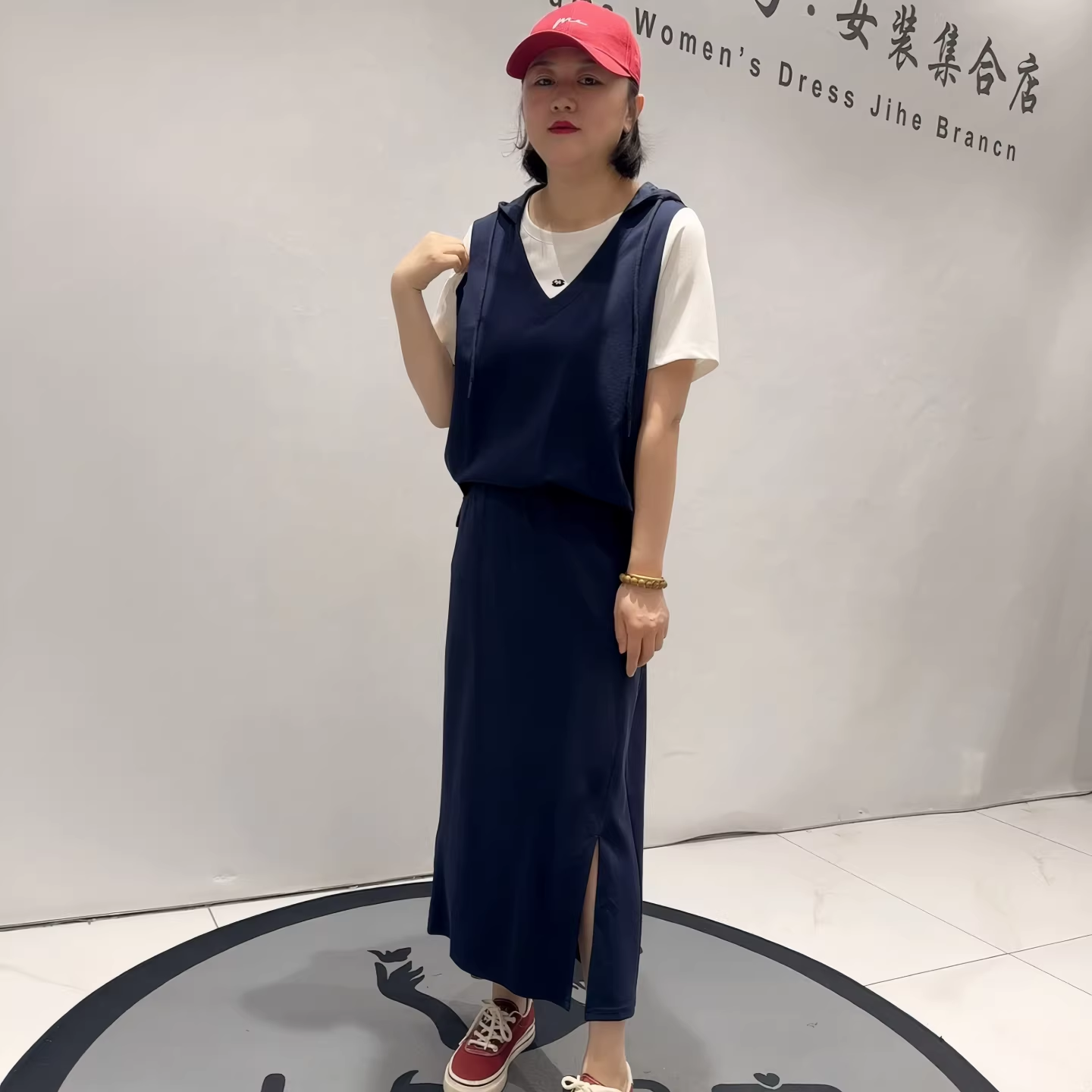 1718芮娜依莲夏季新款欧货假两件短袖搭配休闲半身裙两件套套裙女