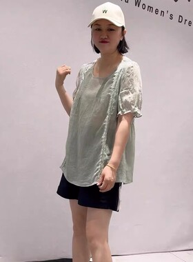 3093女权贵族夏季新款欧货棉麻短袖加大码女装胖妹妹显瘦减龄上衣