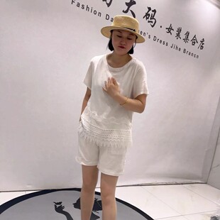 31018女权夏季新款欧货麻料套装加大码女装胖妹妹短袖搭短裤