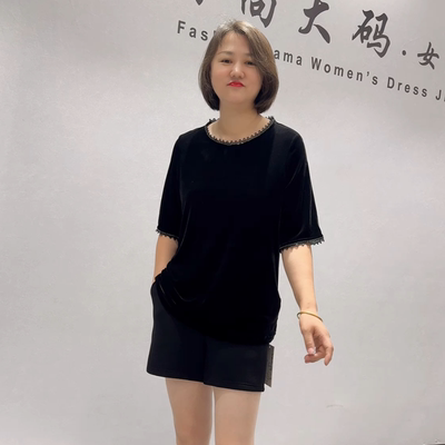 女权贵族初秋新款大码丝绒短袖T