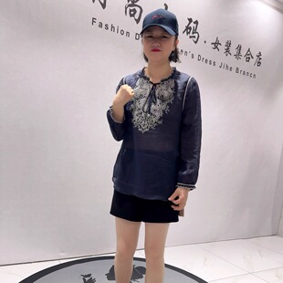 新款 胖妹妹衫 欧货重工刺绣苎麻衫 女装 上衣 加大码 芮娜依莲5415春装