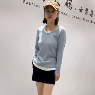 女装 针丝缘子汇1371秋季 加大码 新款 减龄显瘦假两件上衣 弹力打底衫