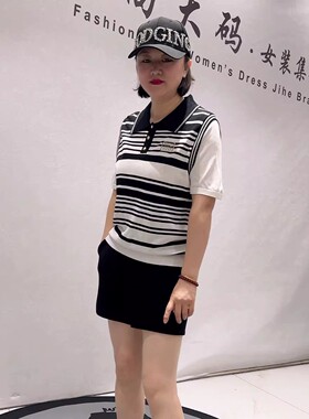 1367芮娜依莲夏季新款欧货POLO领针织衫短袖加大码女装胖妹妹上衣