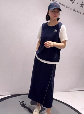 1799芮娜依莲夏季新款欧货假两件上衣搭配开叉半身裙两件套套裙子