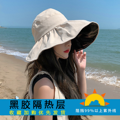 黑胶防紫外线晒大檐遮脸显瘦马尾空顶百搭透气不闷热UPF50+渔夫帽