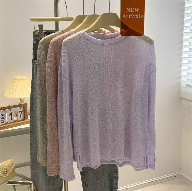 镂空长袖圆领防晒衣女浅紫色宽松休闲夏季薄款透视罩衫上衣空调衫