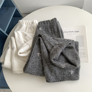 爆款推荐!小香风蝴蝶结糯叽叽羊毛裤新款休闲宽松懒惰风阔腿长裤