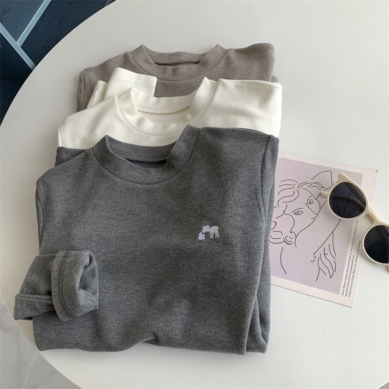 双面德绒小羊刺绣长袖打底衫女磨毛保暖加厚半高圆领2025新款上衣