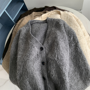 韩版仿貂绒短款毛毛感泰迪毛开衫毛衣外套女宽松懒惰风羊毛卷针织