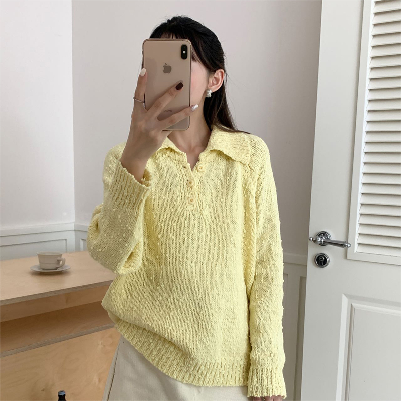 懒惰风高级感纽扣翻领套头长袖毛衣女2025秋冬气质独百搭洋气上衣