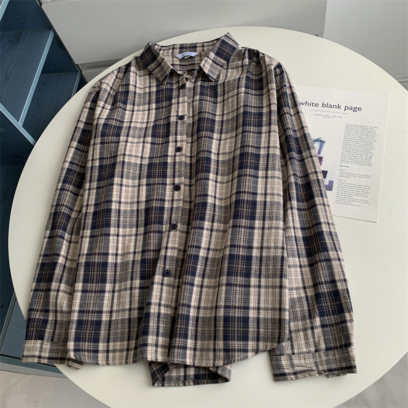 日系男友风复古领格子长袖衬衫美式潮牌春秋休闲懒惰宽松上衣全棉