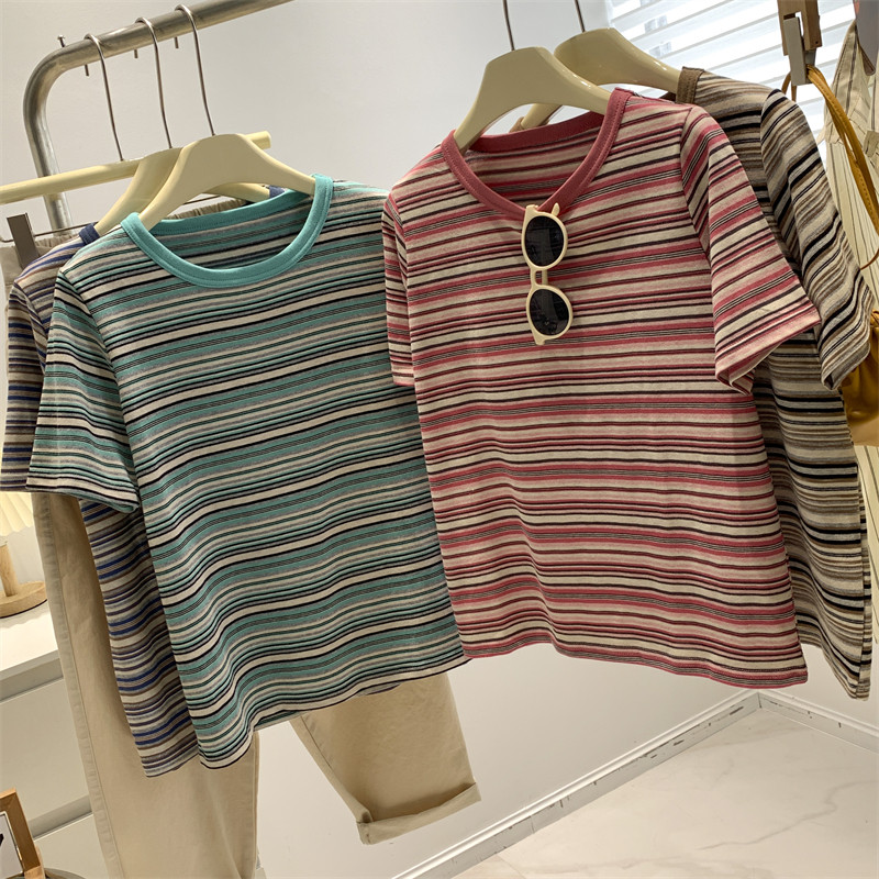 彩棉条纹短袖t恤女颜色很温柔夏季薄款棉纱宽松圆领上衣韩版t恤女