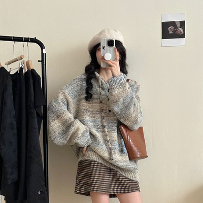 美式潮牌懒惰风中长款渐变色帽衫复古百搭针织衫秋冬毛衣外套韩系
