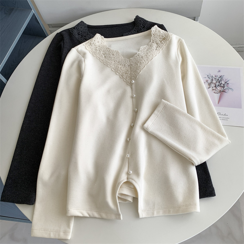 法式减龄显瘦款针织扣蕾丝边长袖T恤性感气质内搭流行打底衫上衣,女装/女士精品,T恤,淘宝优惠券,粉丝福利购,淘宝优惠卷