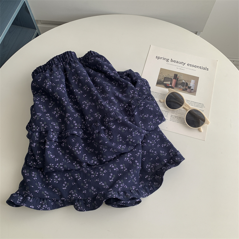 藏青色麻棉蓝紫花长裙2025春夏秋小个子中长款蛋糕裙A字半身伞裙