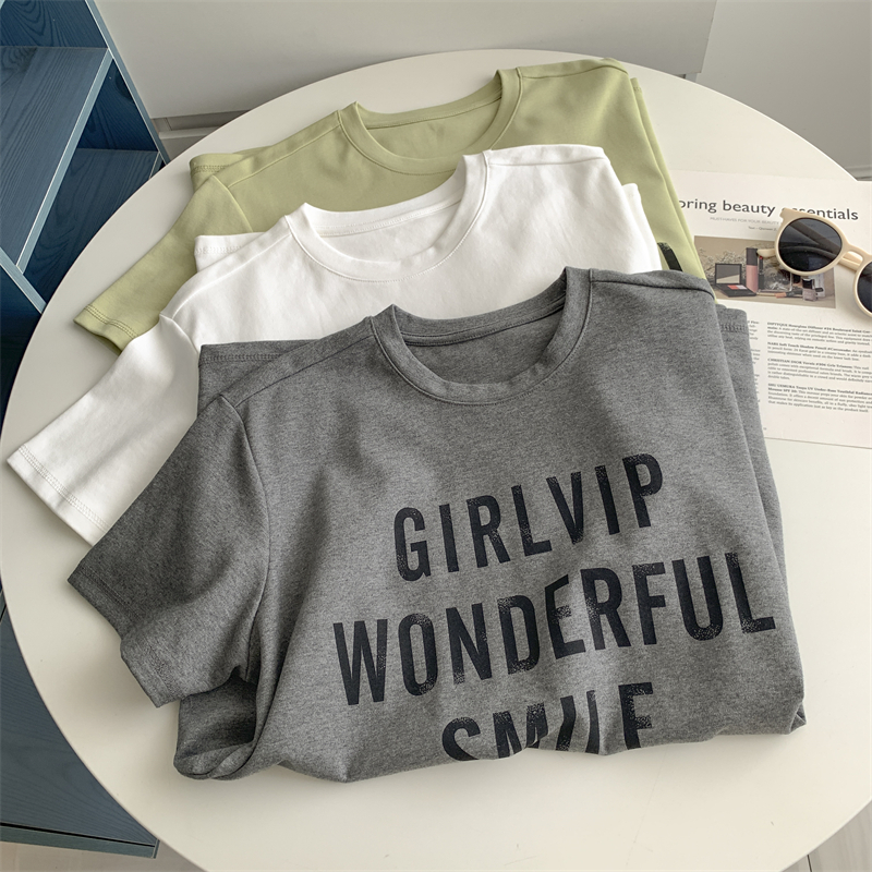 简约大板字母印花短袖T恤夏季宽松显瘦居家欧货中长款遮屁股上衣