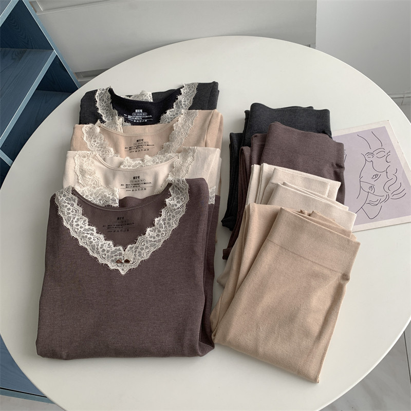 温柔蕾丝V领绵羊毛暖肤衣套装弹力内衣百搭显瘦冬保暖球衣两件套