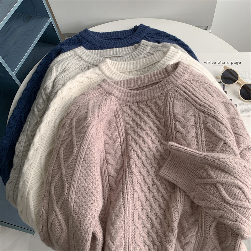 洋气麻花圆领套头毛衣法式复古温柔风冬季软糯宽松加厚百搭外穿新