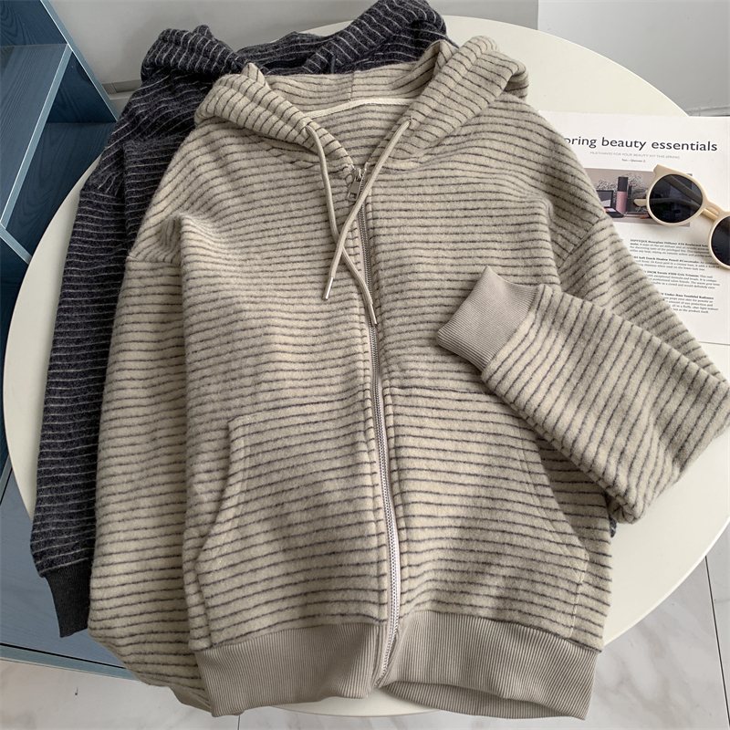 美式复古韩系兔毛绒拉链外套卫衣秋冬懒惰风宽松条纹撞色开衫上衣