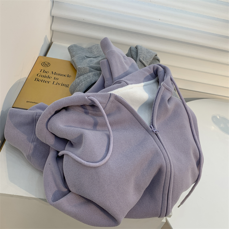 浅绿色拉链纯色卫衣女加绒加厚帽衫外套女秋冬韩版宽松慵懒风上衣