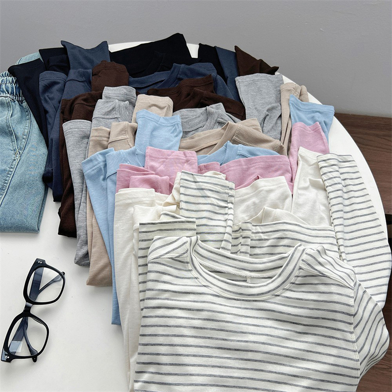 羊毛天丝长袖打底衫软糯亲肤显肤色正肩显瘦秋冬拼接内搭上衣韩系