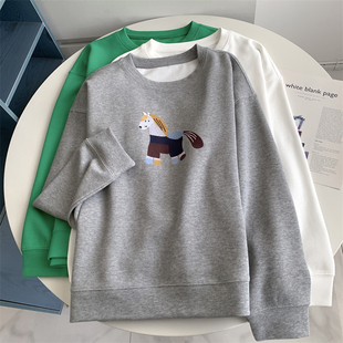 灰色小马刺绣圆领长袖卫衣韩系显瘦懒惰风大版宽松洋气百搭上衣潮