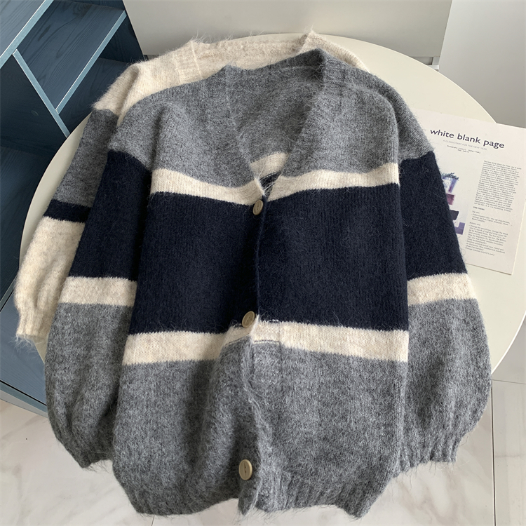 复古懒惰风条纹毛衣大开衫中长款宽松胖MM大版撞色外搭针织上衣韩