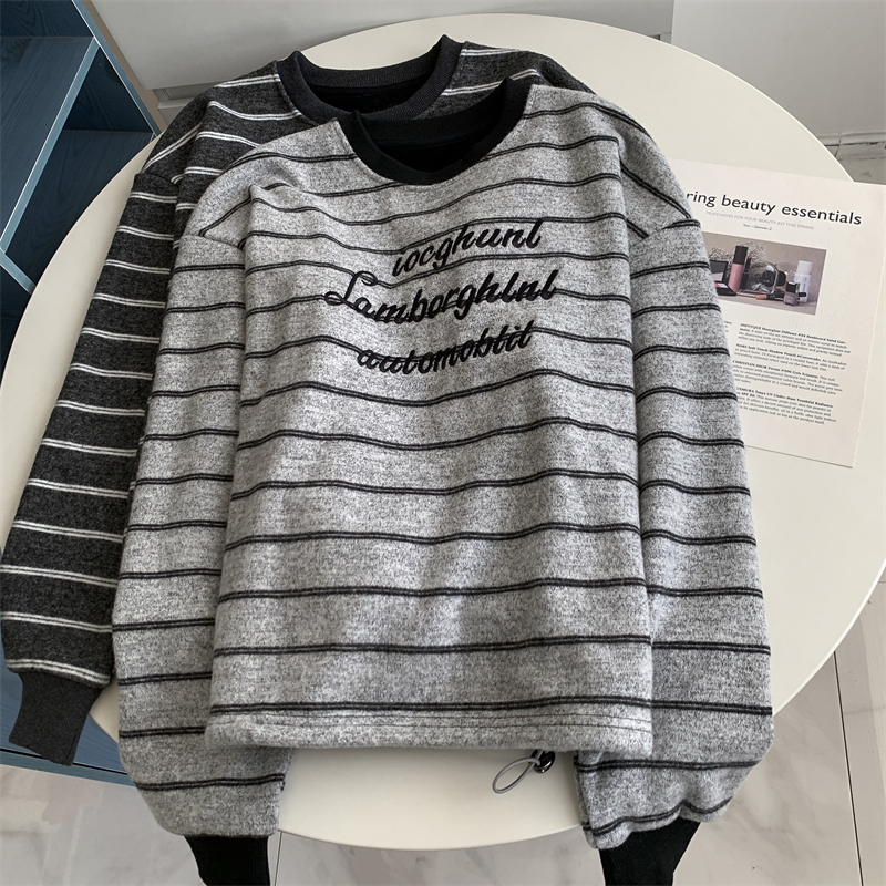 韩版兔毛绒刺绣字母加绒卫衣秋冬加厚保暖无帽套头撞色上衣外套新