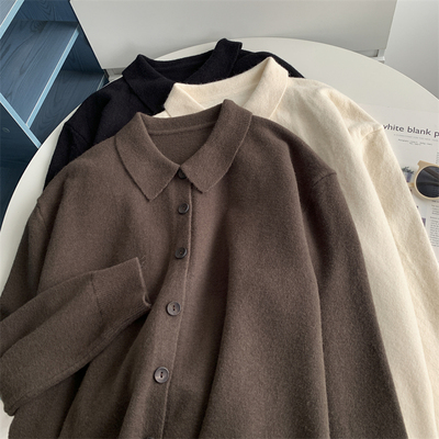 日系简约纯色衬衫中长款毛衣开衫新款文艺风气质POLO领打底上衣潮