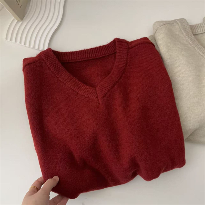 氛围感新年软糯V领套头长袖针织衫遮肉显瘦宽松厚实保暖百搭毛衣