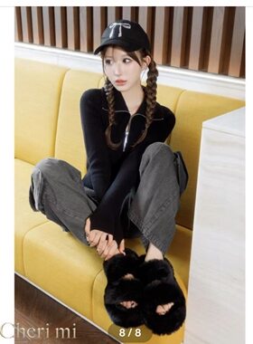大人气！软糯毛毛一字带凉鞋女2026秋冬新款软厚底百搭休闲毛毛鞋