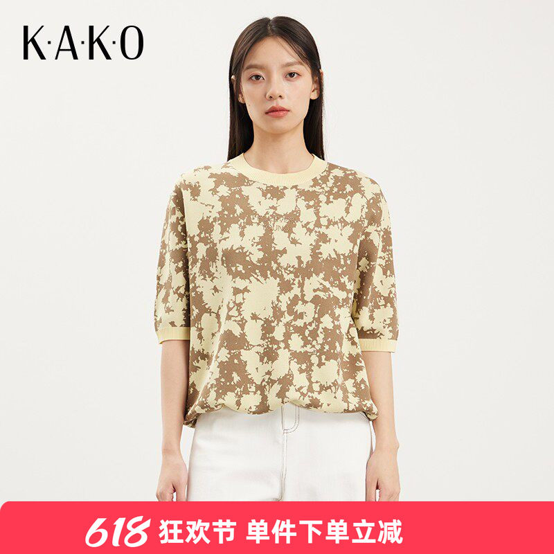 【商场同款】KAKO新款复古港风修身显瘦艺术花短袖针织衫5322341