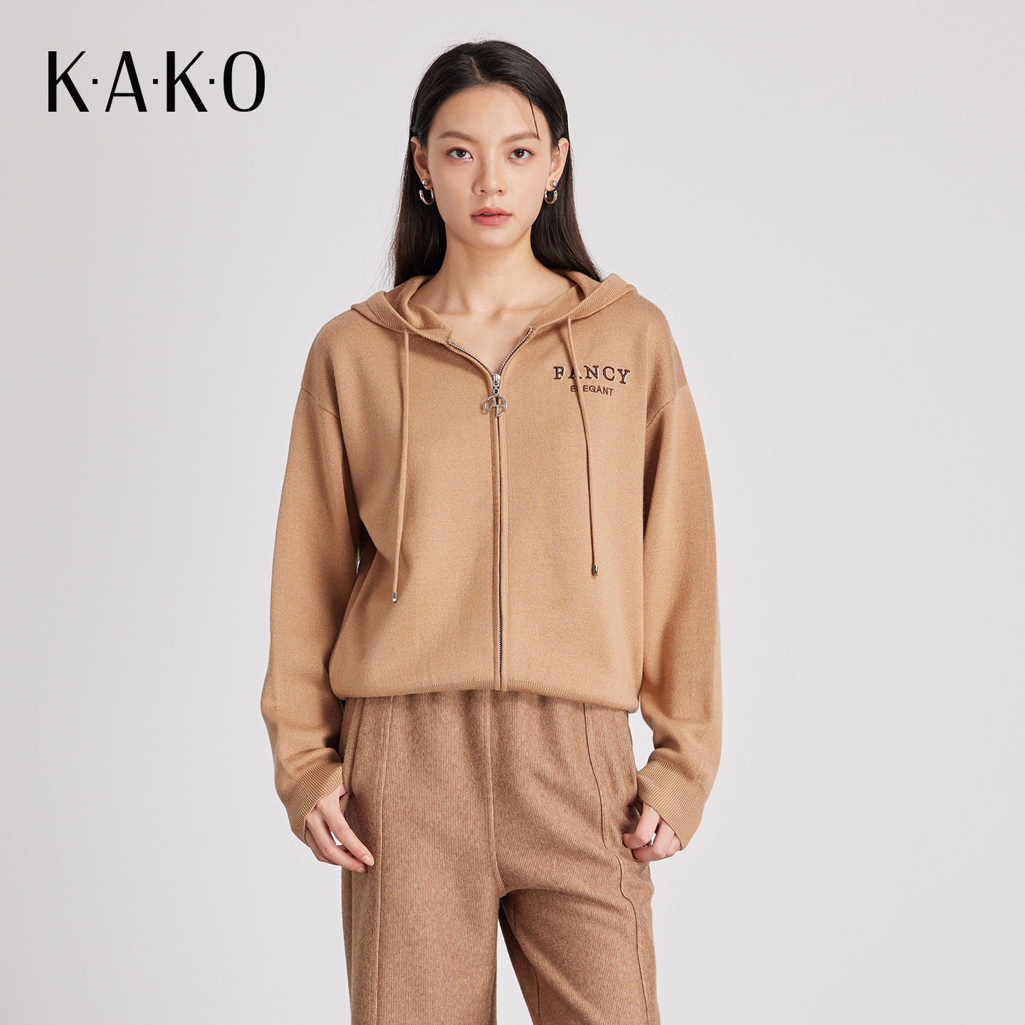 【绵羊毛针织衫】KAKO秋冬新品连帽针织开衫软糯保暖毛衣5432141