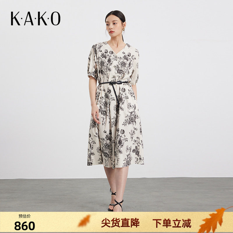 KAKO夏季新品气质玫瑰印花V领连衣裙女收腰显瘦优雅裙子5350882