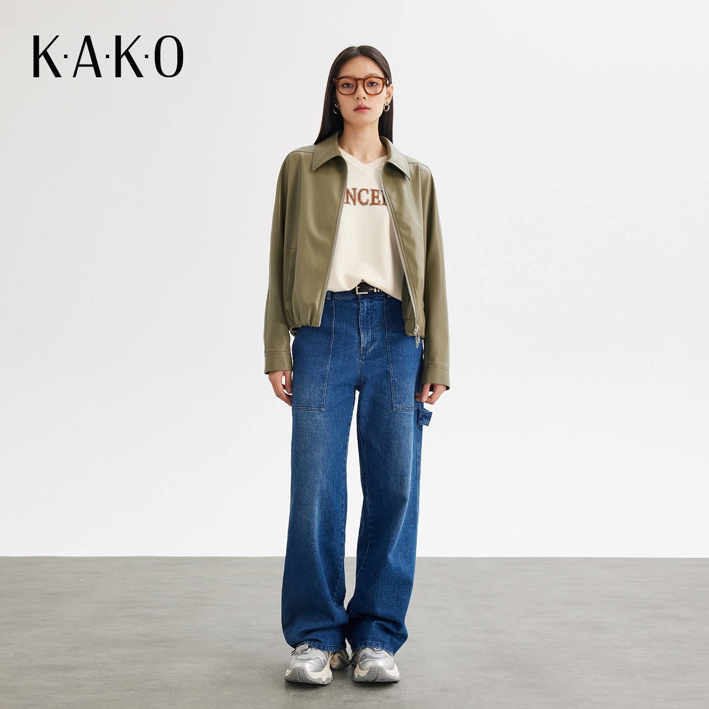 KAKO秋冬新品工装牛仔阔腿裤时尚休闲牛仔裤显瘦直筒裤子5420271